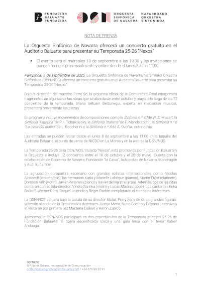 La Orquesta Sinfónica de Navarra ofrecerá un concierto gratuito en el Auditorio Baluarte para presentar “Nexos”, su Temporada 25-26