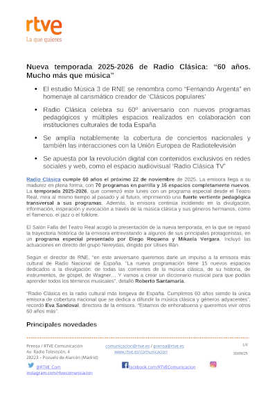 Nueva temporada 2025-2026 de Radio Clásica: «60 años. Mucho más que música”