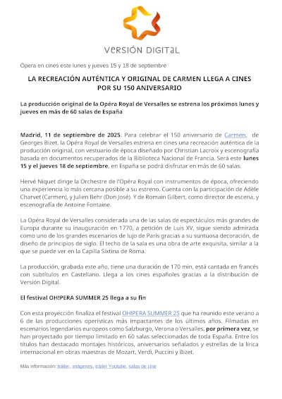 La recreación auténtica y original de Carmen llega a cines de España por su 150 aniversario