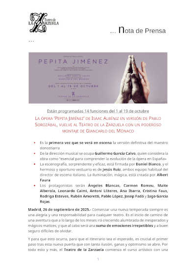 La ópera «Pepita Jiménez» de Albéniz, versión de Sorozábal, en el Teatro de la Zarzuela con montaje de Giancarlo del Mónaco