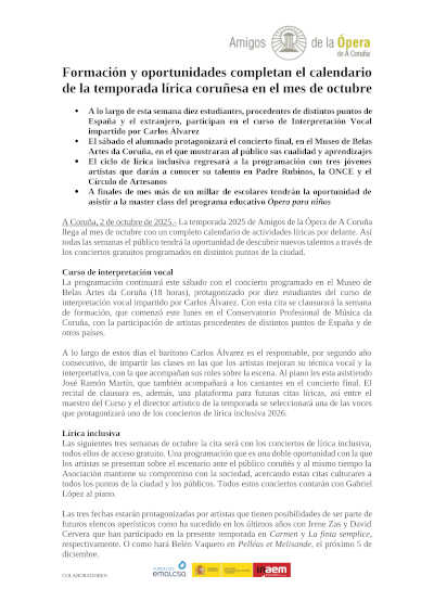 Formación y oportunidades de Amigos de la Ópera de A Coruña completan el calendario de la temporada lírica coruñesa
