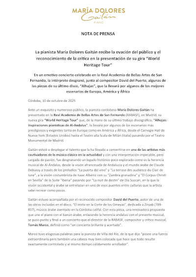 La pianista María Dolores Gaitán triunfa ante público y crítica con su gira “World Heritage Tour”
