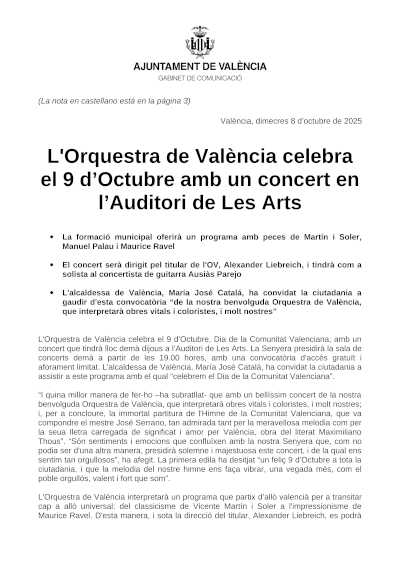 La Orquesta de València celebra el 9 d’Octubre con un concierto en l’Auditori de Les Arts