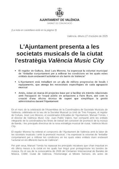 El Ayuntamiento presenta a las sociedades musicales de la ciudad la estrategia València Music City
