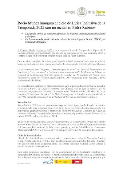 Rocío Muñoz inaugura el ciclo de Lírica Inclusiva de la Temporada 2025 con un recital en Padre Rubinos