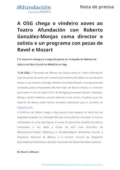 La OSG llega  al Teatro Afundación con Roberto González-Monjas como director y solista y piezas de Ravel y Mozart