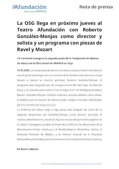 La OSG llega  al Teatro Afundación con Roberto González-Monjas como director y solista y piezas de Ravel y Mozart