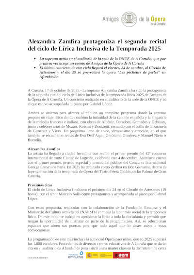 Alexandra Zamfira protagoniza el segundo recital del ciclo de Lírica Inclusiva de la Temporada 2025