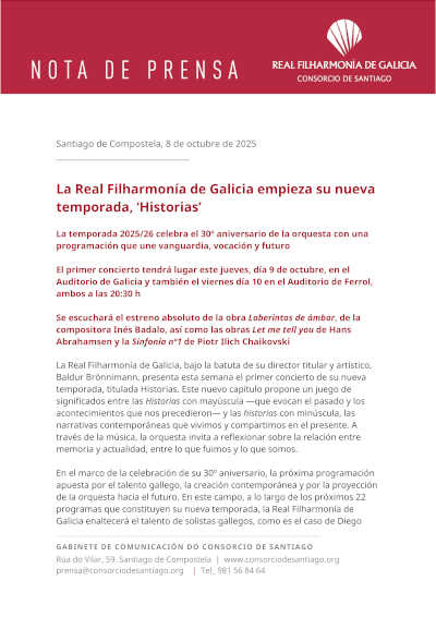 La Real Filharmonía de Galicia empieza su nueva temporada, «Historias»