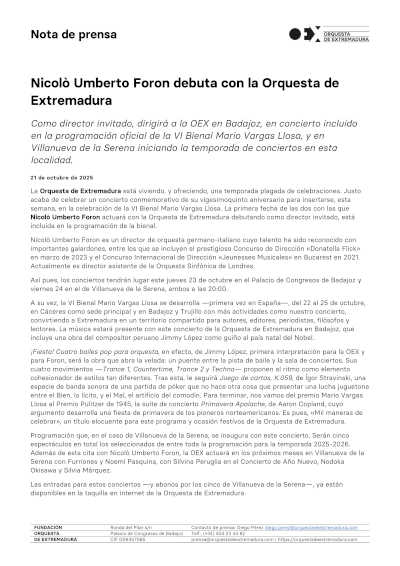 Nicolò Umberto Foron debuta con la Orquesta de Extremadura