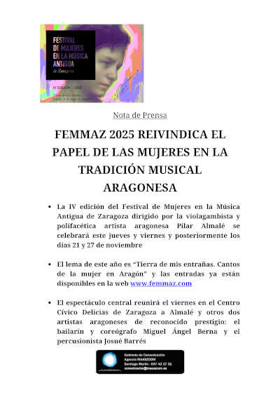 Festival de Mujeres en la Música Antigua de Zaragoza 2025 reivindica el papel de las mujeres en la tradición musical aragonesa