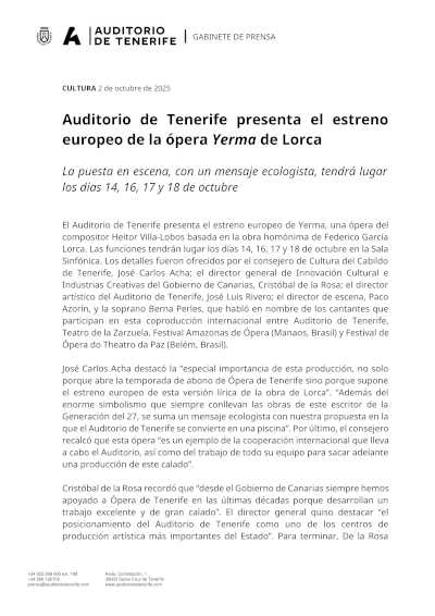 Auditorio de Tenerife presenta el estreno europeo de la ópera Yerma de Lorca