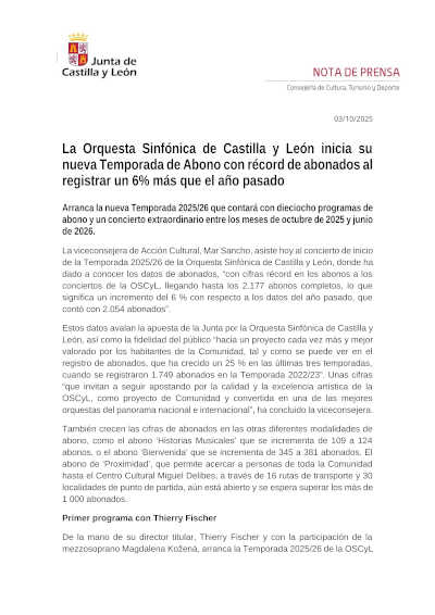 La OSCyL abre la Temporada 2025 con récord de abonados, un 6% más que en el año pasado