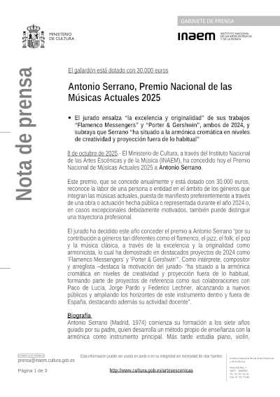 Antonio Serrano, Premio Nacional de las Músicas Actuales 2025