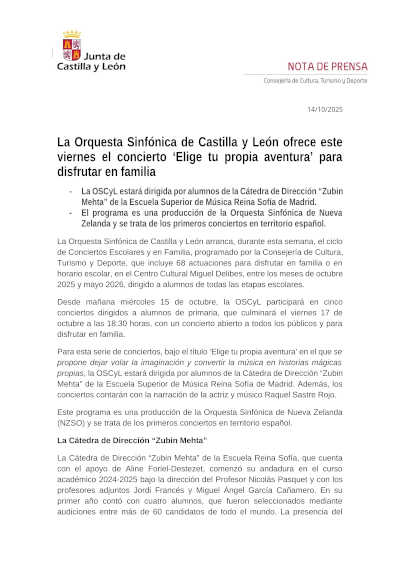 La Orquesta Sinfónica de Castilla y León ofrece este viernes el concierto «Elige tu propia aventura» para disfrutar en familia