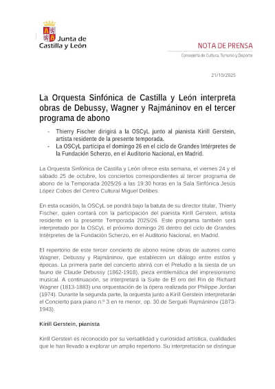 La Orquesta Sinfónica de Castilla y León interpreta obras de Debussy, Wagner y Rajmáninov en el tercer programa de abono