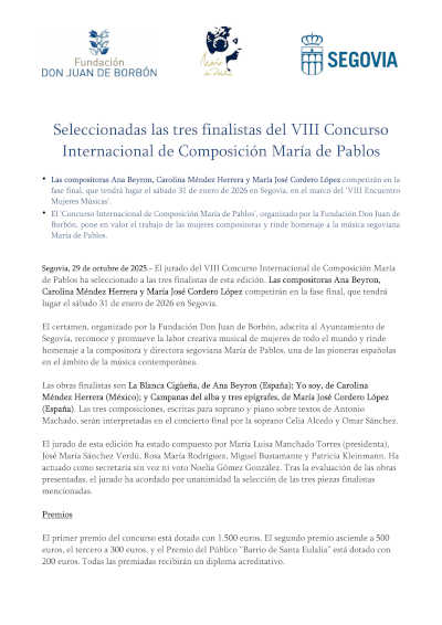 Seleccionadas las tres finalistas del VIII Concurso Internacional de Composición María de Pablos