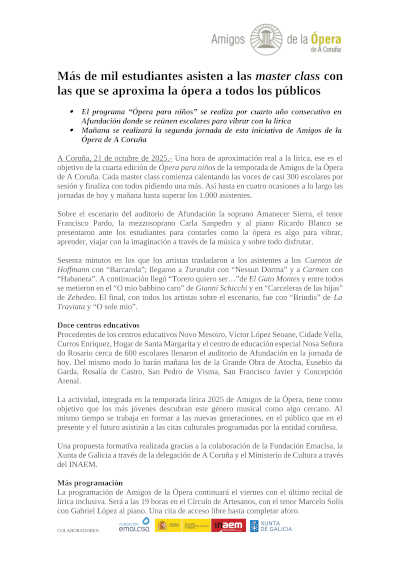 Más de mil estudiantes asisten a las master class con las que se aproxima la ópera a todos los públicos de la mano de AOAC