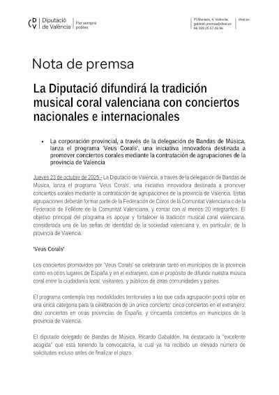 La Diputació difundirá la tradición musical coral valenciana con conciertos nacionales e internacionales con «Veus Corals»