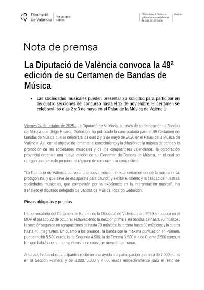 La Diputació de València convoca la 49ª edición de su Certamen de Bandas de Música