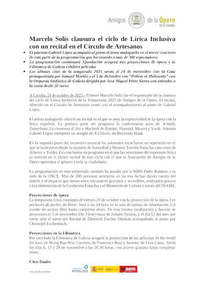 Marcelo Solís clausura el ciclo de Lírica Inclusiva con un recital en el Círculo de Artesanos