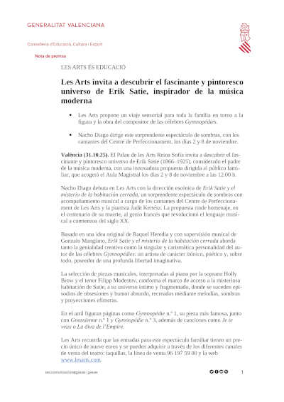 Les Arts invita a descubrir el fascinante y pintoresco universo de Erik Satie, inspirador de la música moderna