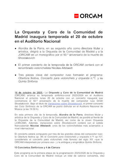La Orquesta y Coro de la Comunidad de Madrid inaugura temporada el 20 de octubre en el Auditorio Nacional