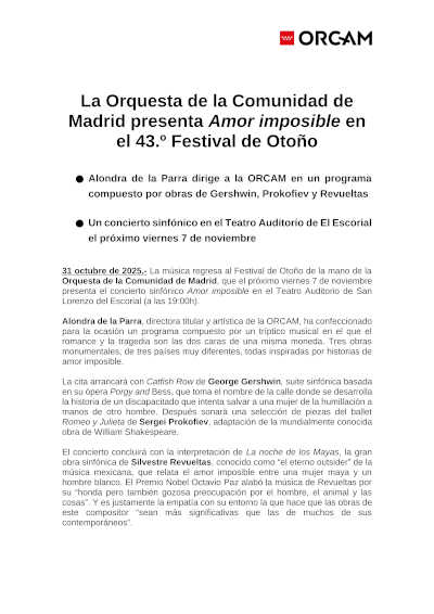 La Orquesta de la Comunidad de Madrid presenta Amor imposible en el 43.º Festival de Otoño