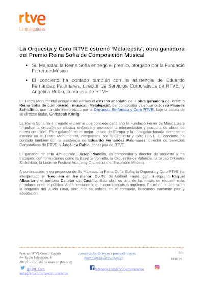 La Orquesta y Coro RTVE estrenó «Metalepsis», obra ganadora del Premio Reina Sofía de Composición Musical