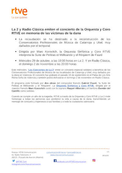 La 2 y Radio Clásica emiten el concierto de la Orquesta Sinfónica y Coro RTVE en memoria de las víctimas de la DANA