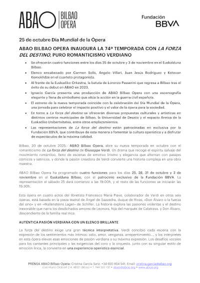 ABAO Bilbao Opera inaugura la 74º temporada con La forza del destino, puro romanticismo verdiano