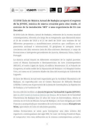 El CNDM y la Sociedad Filarmónica de Badajoz presentan el ciclo Badajoz Actual