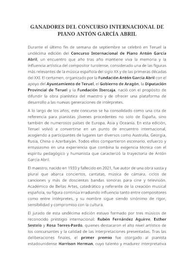 Ganadores de la XI edición del Concurso Internacional de Piano Antón García Abril