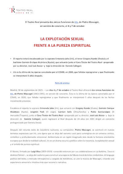 El Teatro Real presenta dos únicas funciones de Iris, de Pietro Mascagni en versión concierto