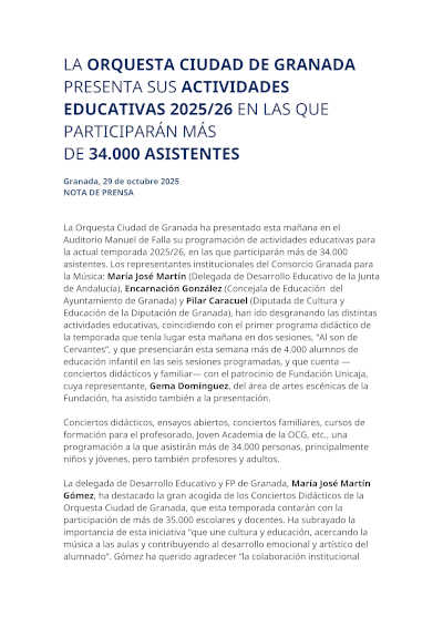La Orquesta Ciudad de Granada presenta sus actividades educativas 2025/26
