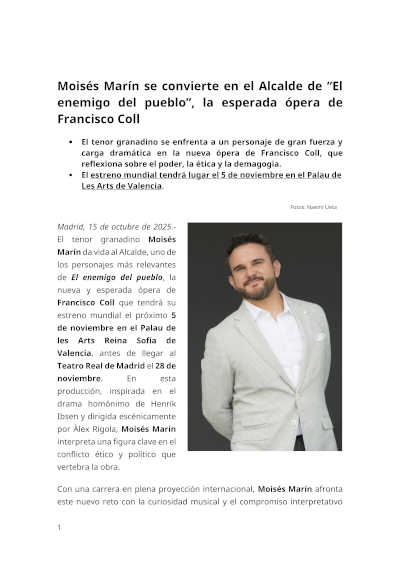 Moisés Marín se convierte en el Alcalde de “El enemigo del pueblo”, la esperada ópera de Francisco Coll