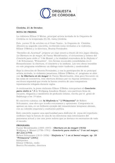 La violinista Ellinor D´Melon, principal artista invitada de la Orquesta de Córdoba en la temporada 25/26