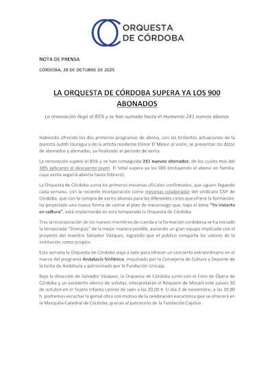 La Orquesta de Córdoba, supera ya los 900 abonados