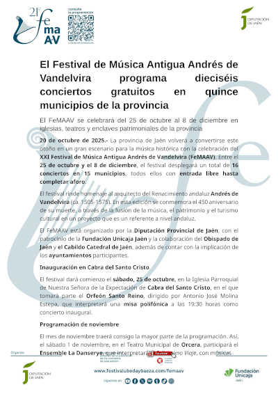 El Festival de Música Antigua Andrés de Vandelvira programa dieciséis conciertos gratuitos en quince municipios de la provincia