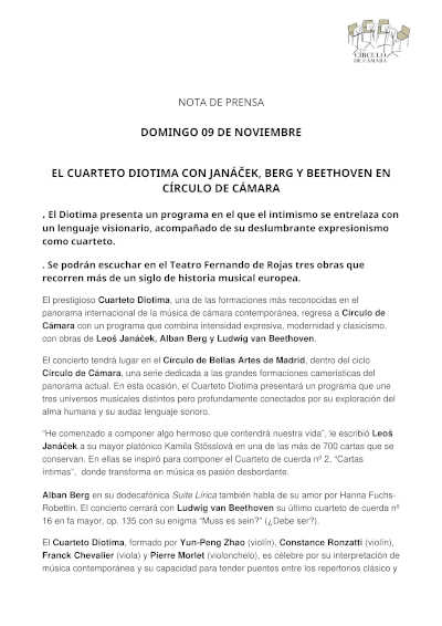 El Cuarteto Diotima con Janáček, Berg y Beethoven en el Ciclo Círculo de Cámara