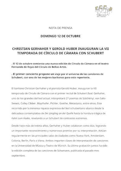 Christian Gerhaher y Gerold Huber inauguran la VII Temporada de Círculo de Cámara con Schubert