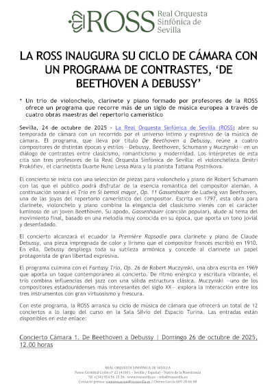 La ROSS inaugura su Ciclo de Cámara con un programa de contrastes, «de Beethoven a Debussy»