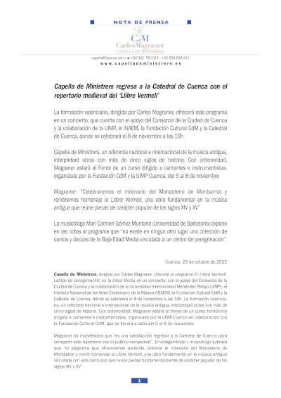 Capella de Ministrers regresa a la Catedral de Cuenca con el repertorio medieval del «Llibre Vermell»