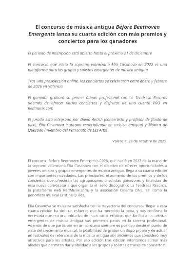 IV Concurso de música antigua Before Beethoven Emergents con más premios y conciertos