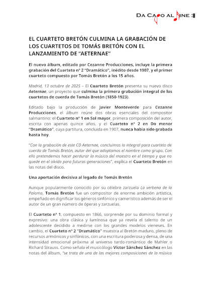 El Cuarteto Bretón culmina la grabación de los cuartetos de Tomás Bretón con el lanzamiento de «Aeternae»