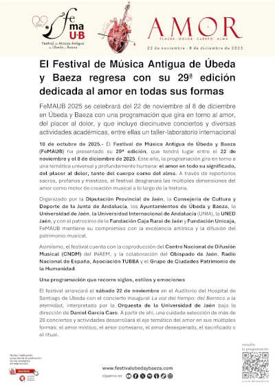 El Festival de Música Antigua de Úbeda y Baeza regresa con su 29ª edición dedicada al amor en todas sus formas