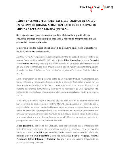 Ilíber Ensemble «estrena» Las Siete Palabras de Cristo en la Cruz de Bach en el Festival de Música Sacra de Granada – MUSAG