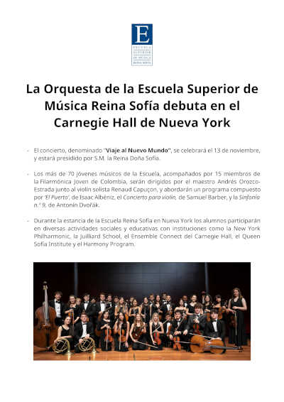 La Orquesta de la Escuela Superior de Música Reina Sofía debuta en el Carnegie Hall de Nueva York