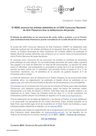 El IMAE anuncia los artistas admitidos en el XXIV Concurso Nacional de Arte Flamenco tras la deliberación del jurado