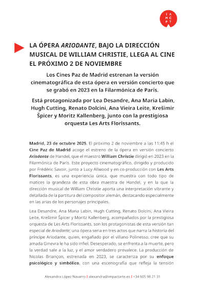 La ópera Ariodante, bajo la dirección musical de William Christie, llega al cine en noviembre